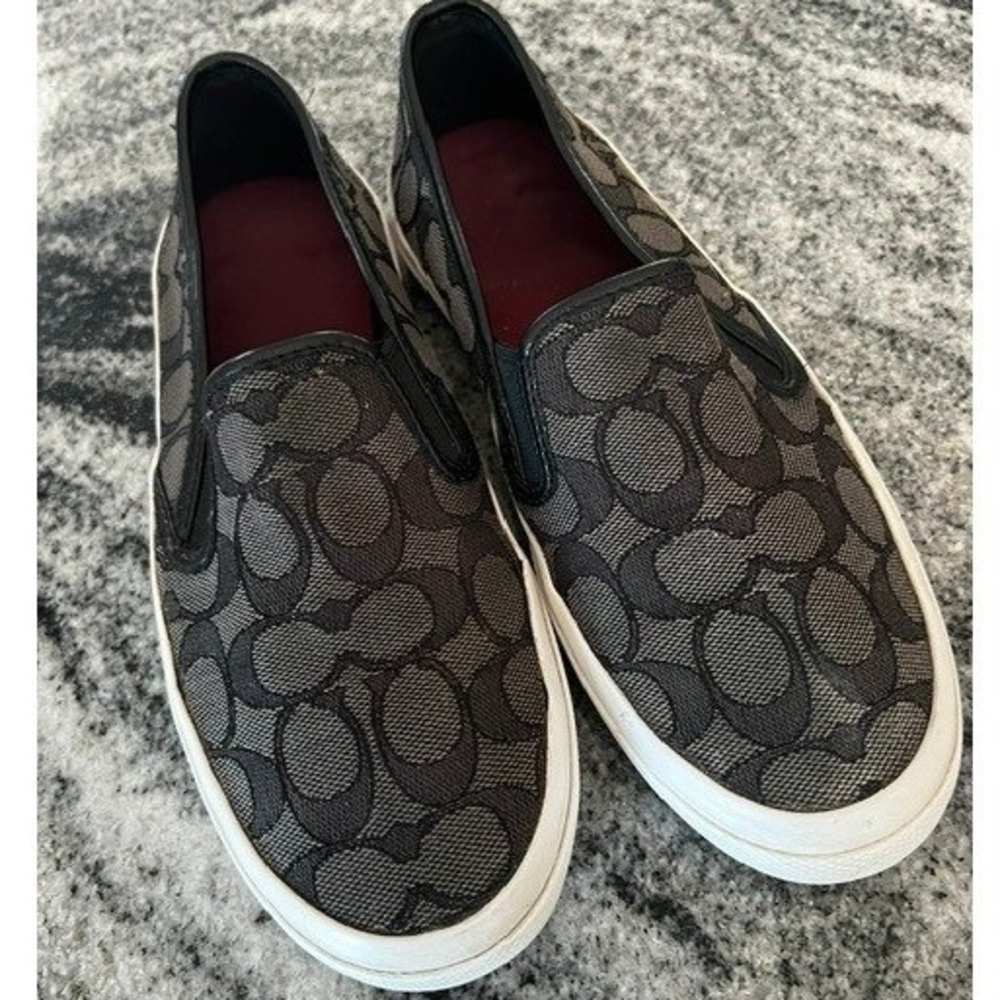 Coach Chrissy Slip On Sneakers Women 7B Charcoal Black Signature Monogram A00245